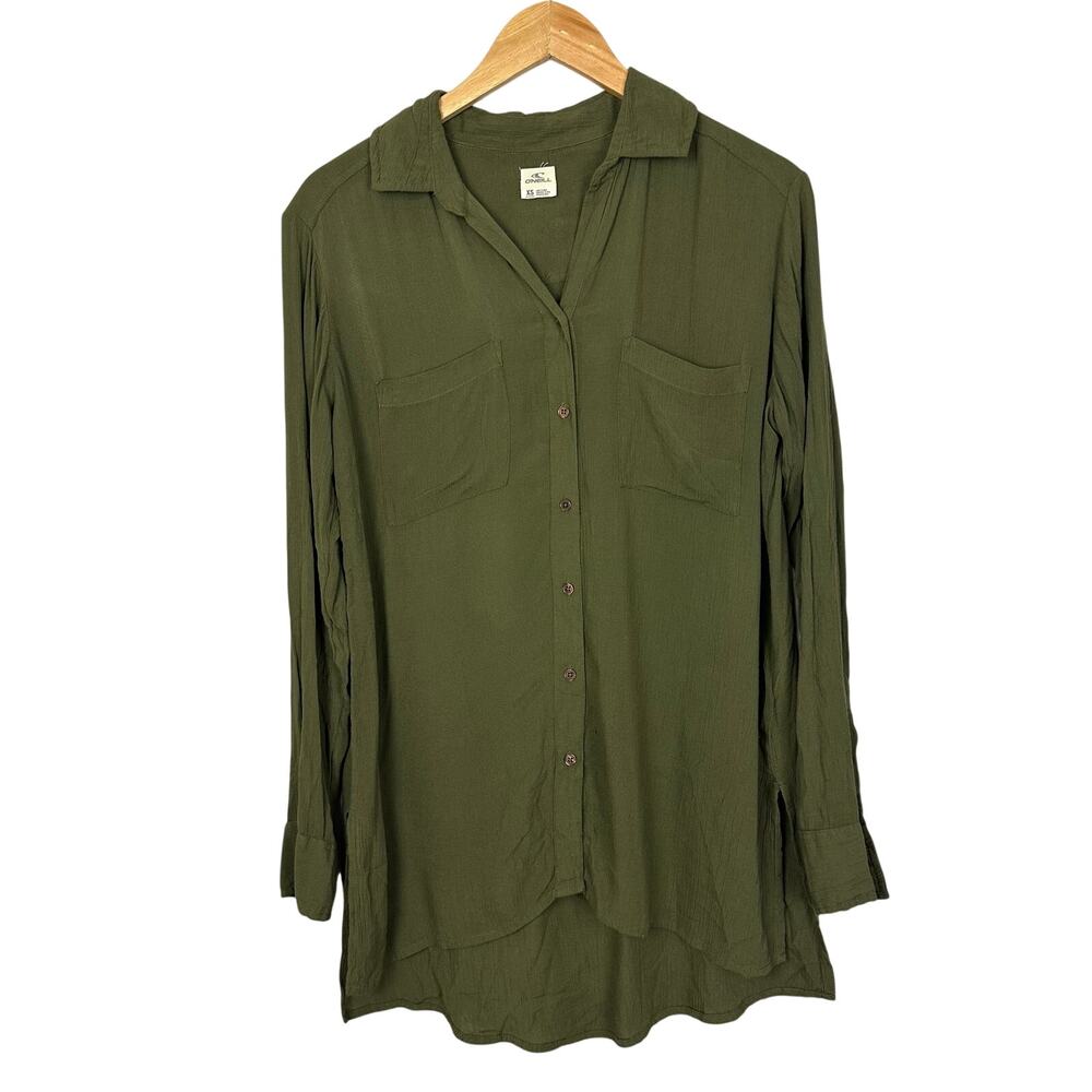 O'Neill Dark Green Viscose High Low Button Front Tunic Blouse Size XS